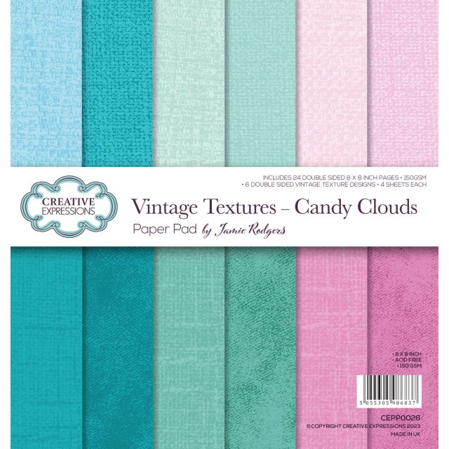 Jamie Rodgers Creative Expressions Jamie Rodgers 8 x 8 inch Paper Pad Vintage Textures Candy Clouds | 24 sheets