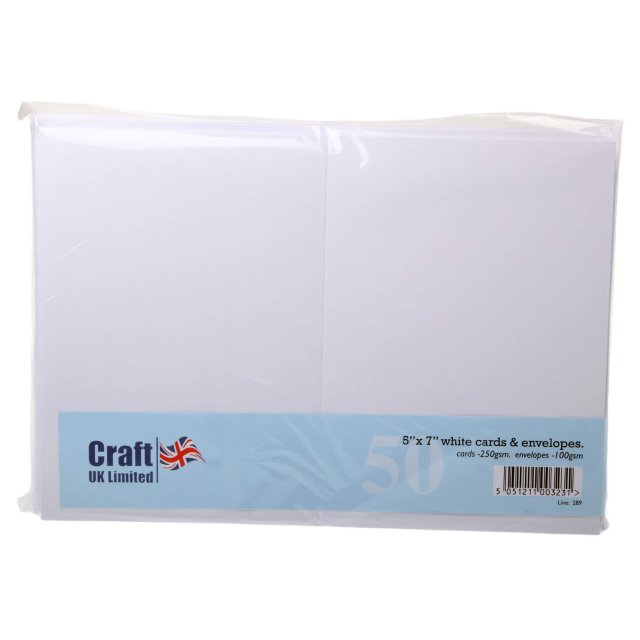 Craft UK - Cards & Envelopes, A4 Card Packs Craft UK 5 x 7 inch White Cards and Envelopes | Pack of 50